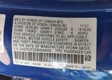 2022 Honda Civic Lx from USA, damaged, VIN 2HGFE2F29NH553797
